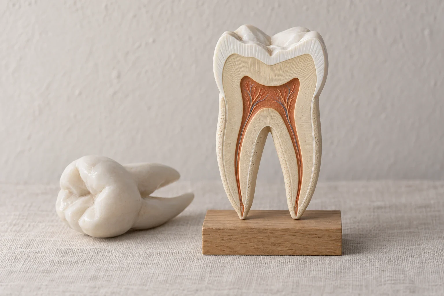 Längs aufgeschnittenes Zahnmodell (zweiwurzelig, eher Molar) aus mattem porzellanartigem Material auf hellem Eichenholzsockel, Schnittfläche zeigt Schmelz, Dentin, Pulpakammer und zwei bis zur Wurzelspitze verlaufende Kanäle in gedämpftem Terrakotta; links liegt ein zweiter, unaufgeschnittener Zahn auf cremefarbenem Leinen vor warm-weißer Putzwand